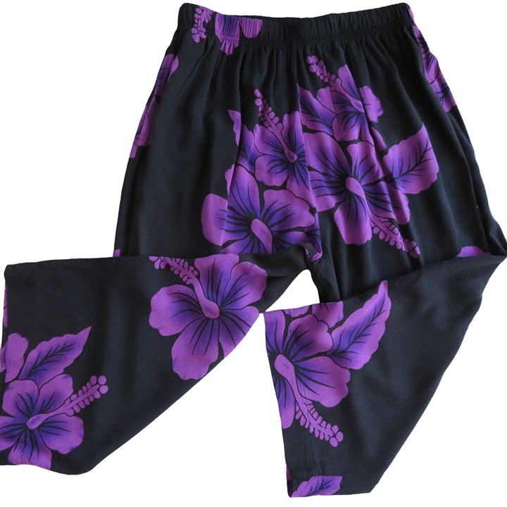 Vintage Aloha Hut Hawaii Tropical Crop Pants S Black Purple Orchid Elastic Waist