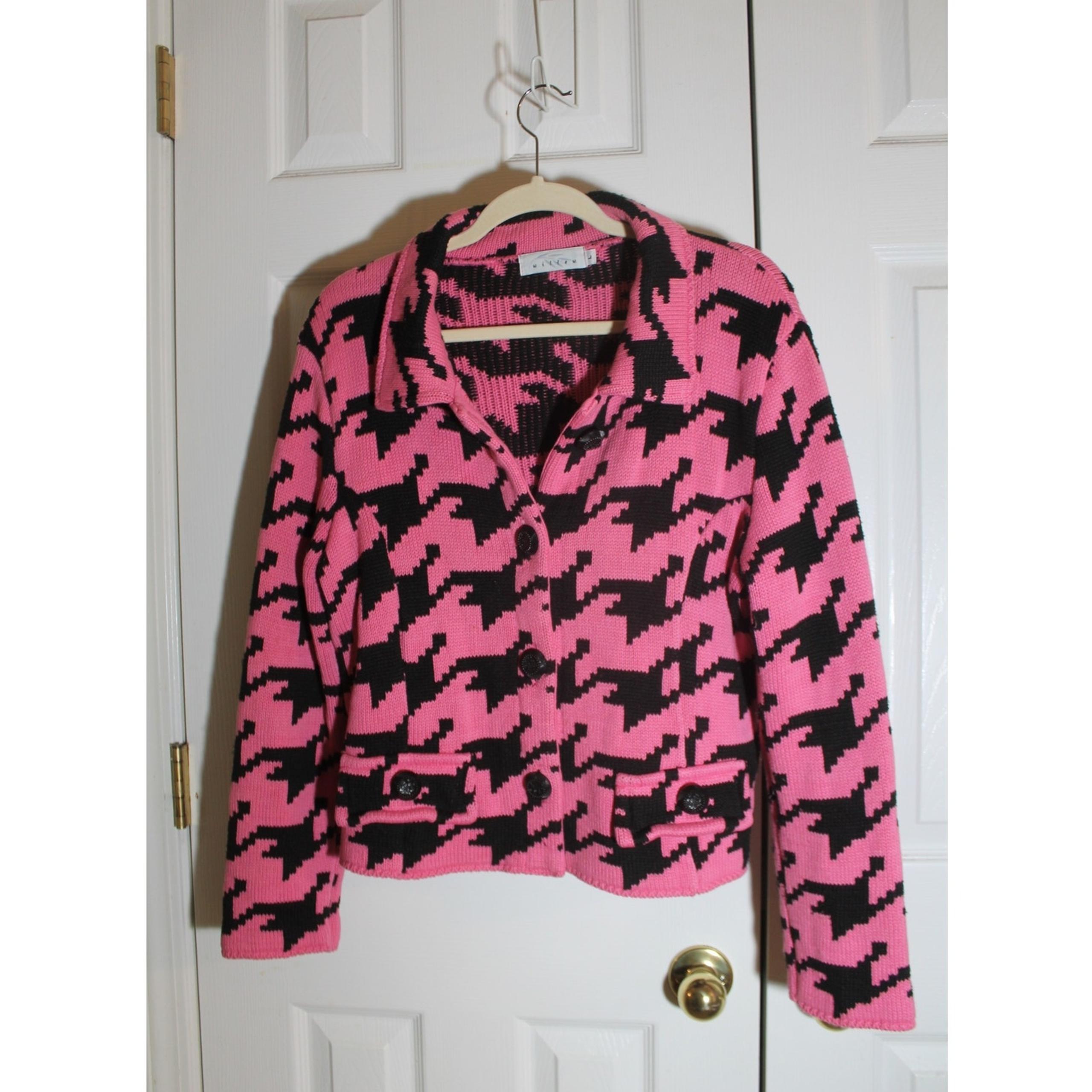 Pink and Black Houndstooth Cardigan Sweater sz L - WILLOW