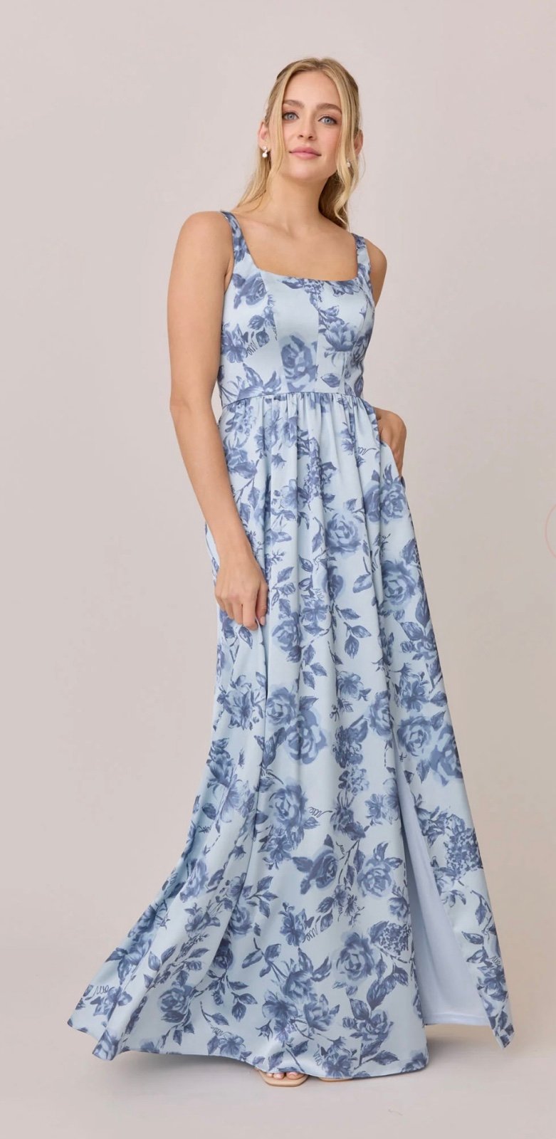 Revelry Whitney Satin Floral Print Dress - Sky Blue Garden