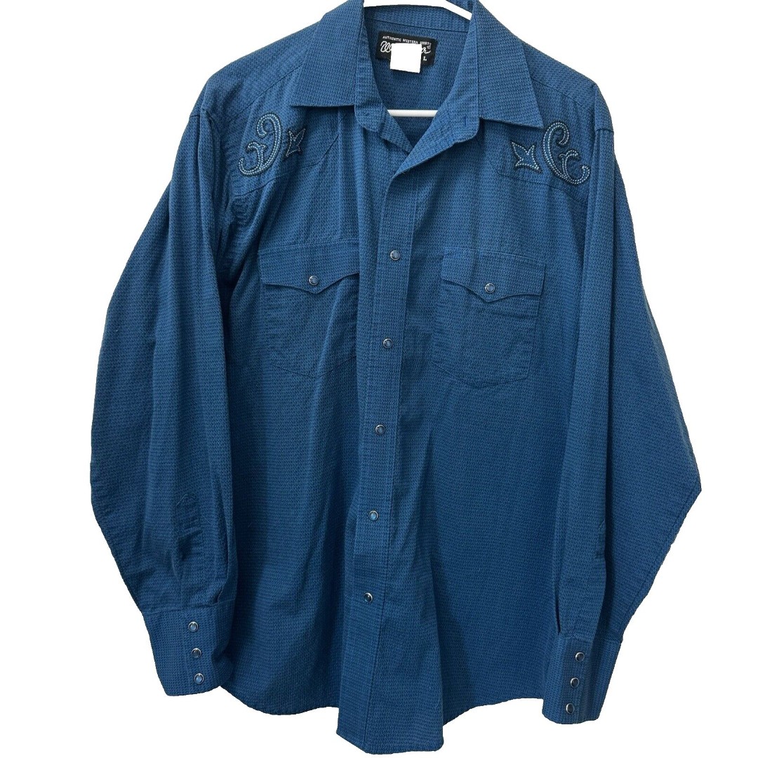 Wrangler Western Shirt Mens Large Blue Embroidered Pearl Snap