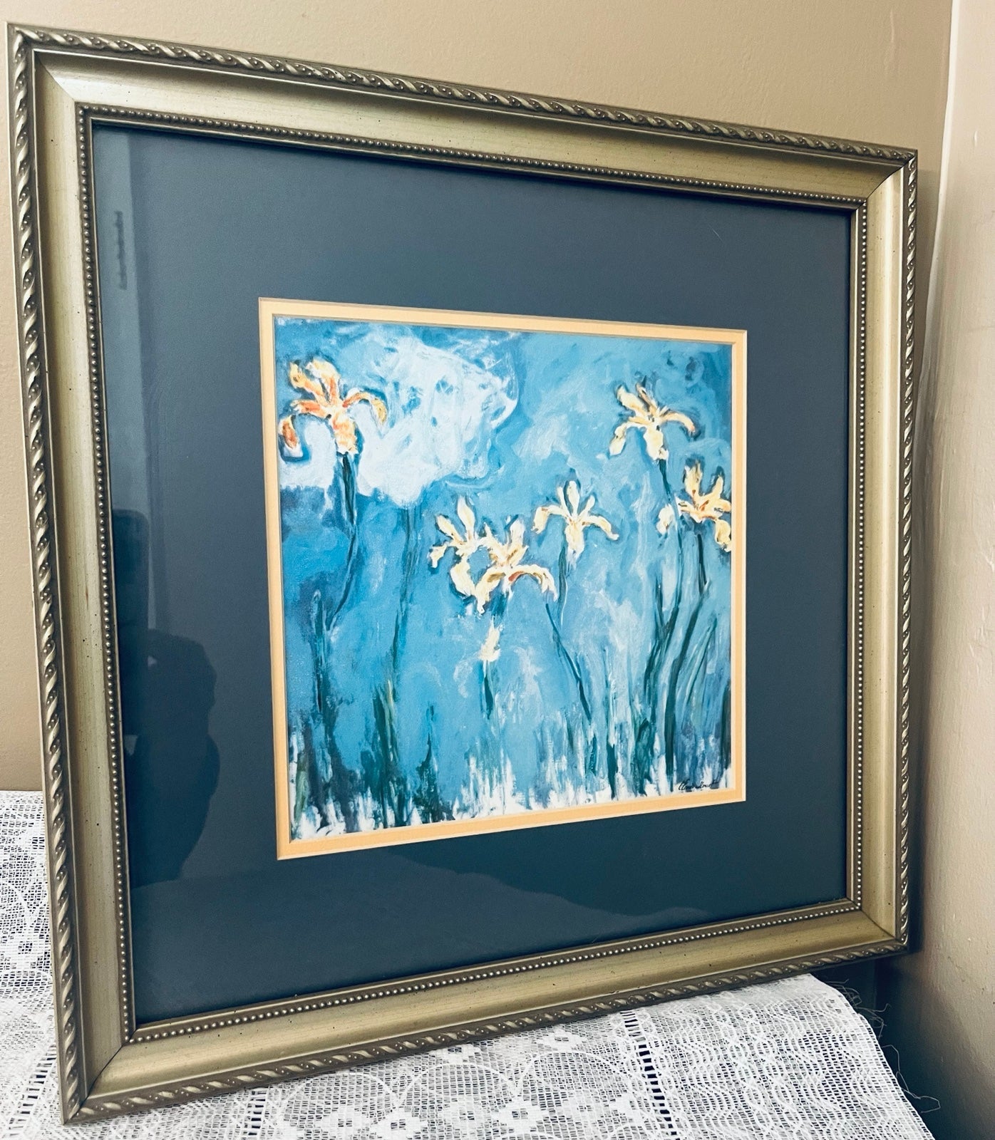 Claude Monet Yellow Iris with Blue Sky Double Matted 14.5”Square