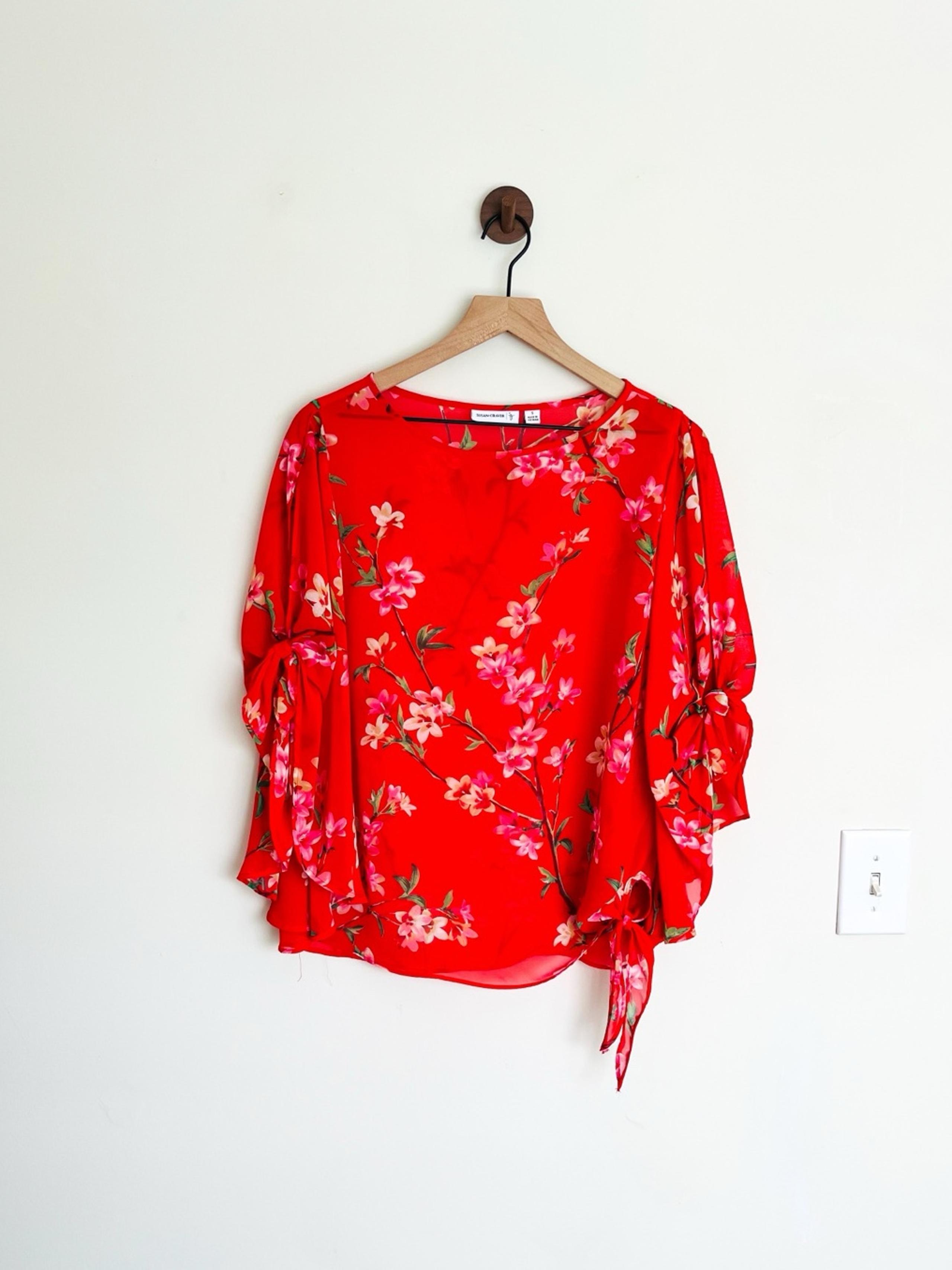 SUSAN GRAVER Red Cherry Blossom Floral Sheer Chiffon Scarf Top Women’s Small