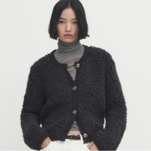 NWT. Massimo Dutti Lead (black/gray) Wool Blend Bouclé Knit Cardigan. Size S.