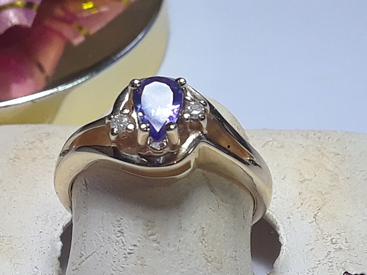 Estate .50ctw Natural Pear Cut Tanzanite & Diamond 14Kt Y/Gold swirl Ring #19466