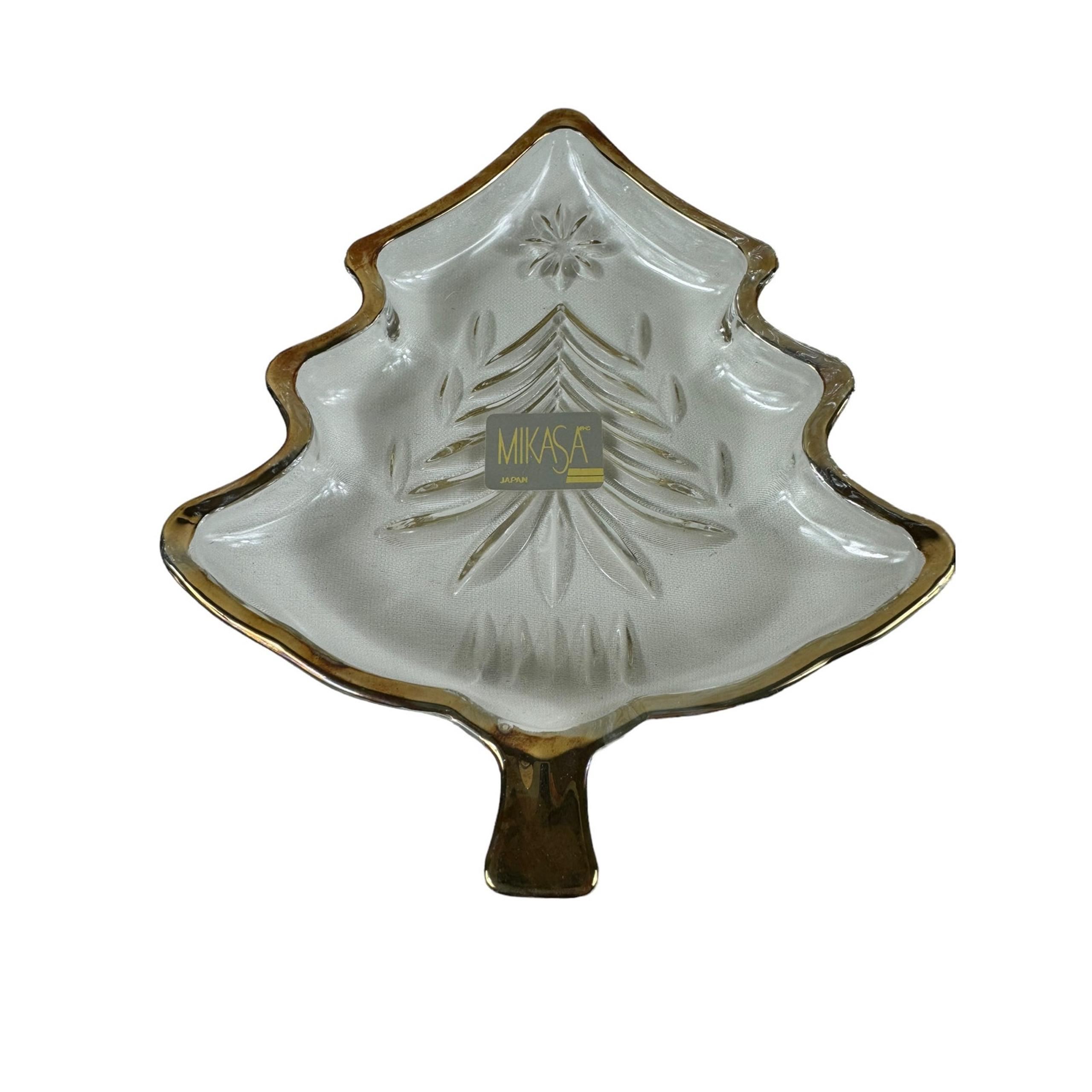 Mikasa Christmas Tree Candy Dish Clear Glass Gold Colored Trim