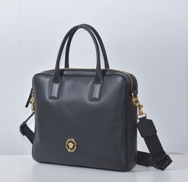 VERSACE 1013360 BLACK LEATHER MEDUSA MEDALION BRIEFCASE MESSENGER SHOULDER BAG