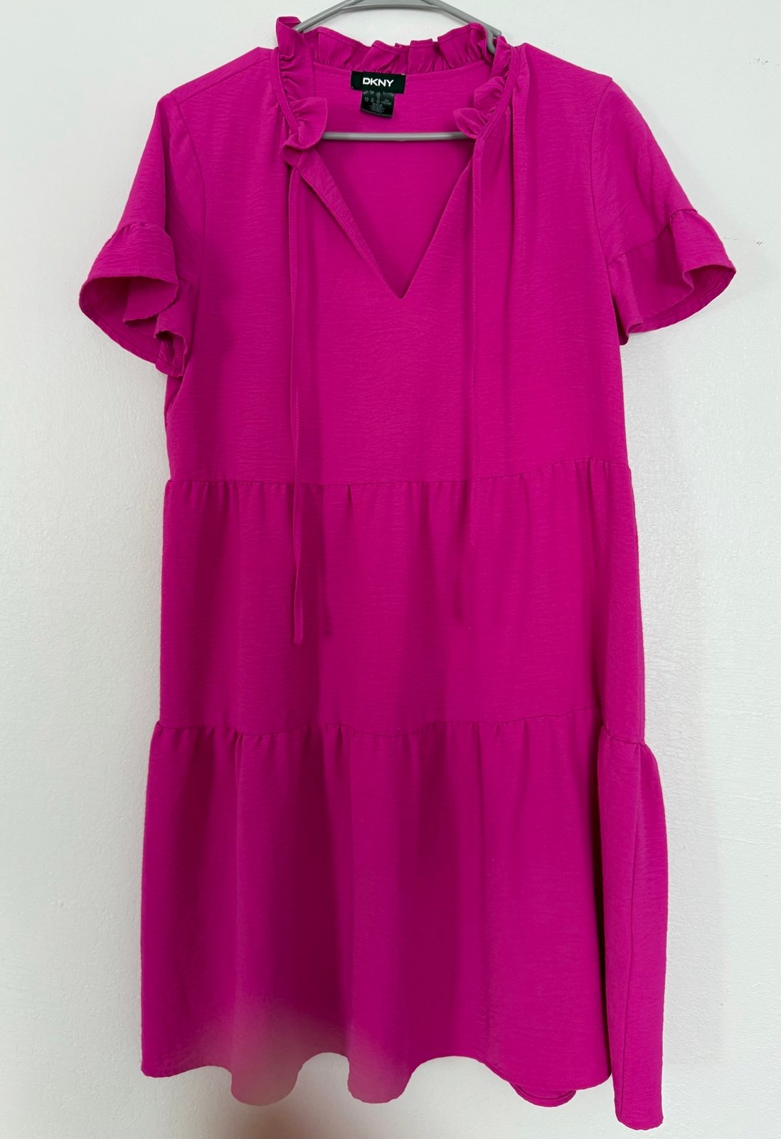 DKNY Womens Hot Pink Tie Neck Ruffled Fit & Flare Dress Sz 10