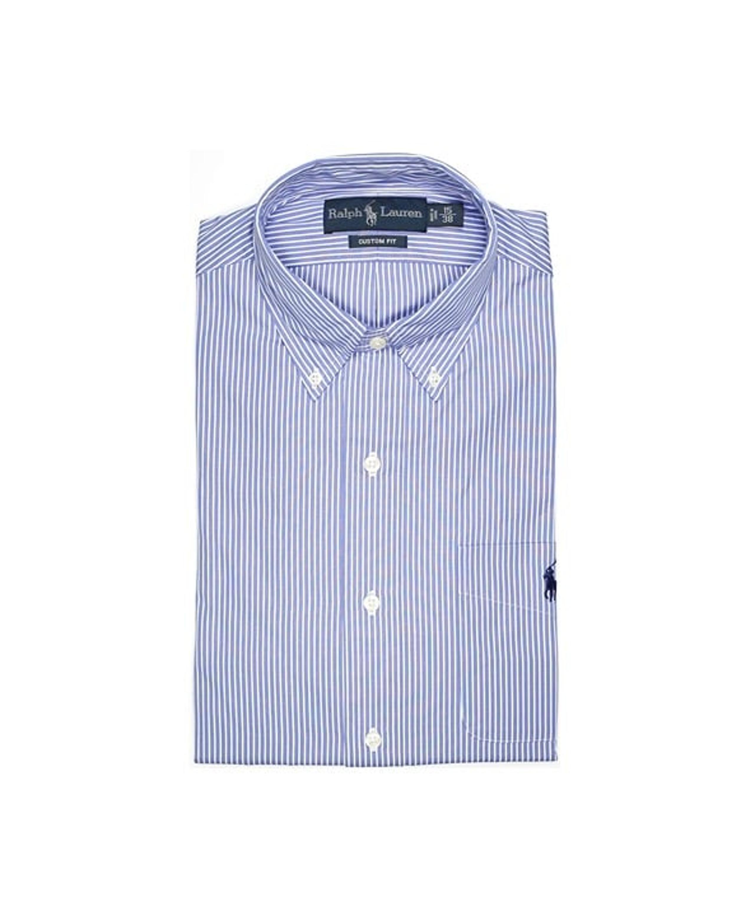 NWT Polo Ralph Lauren Men Custom Fit Dress Shirt BLUE/WHITE PKT STRIPE 15"/38"