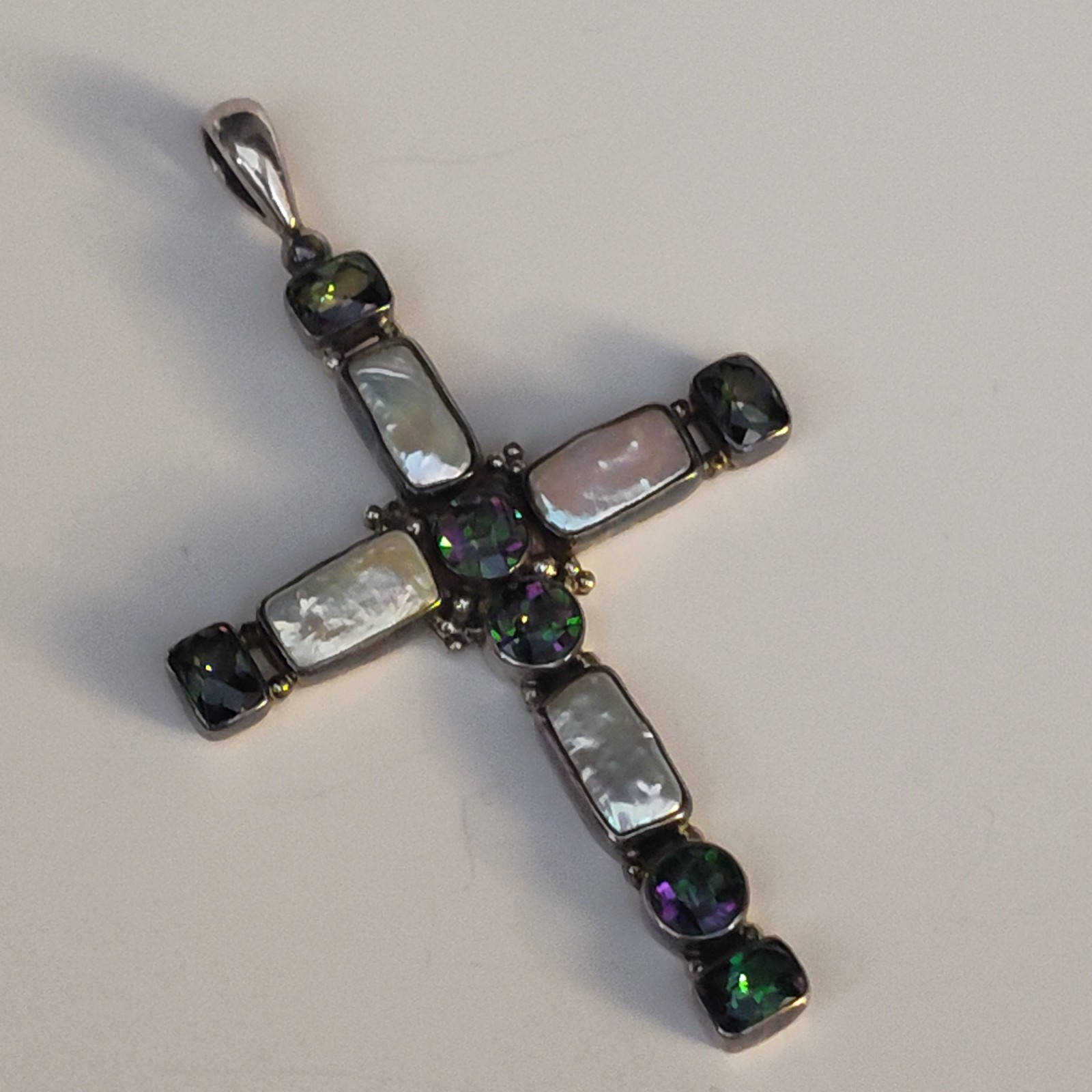 925 Sterling Silver cross w/mystic stone & moder perl by Sajen