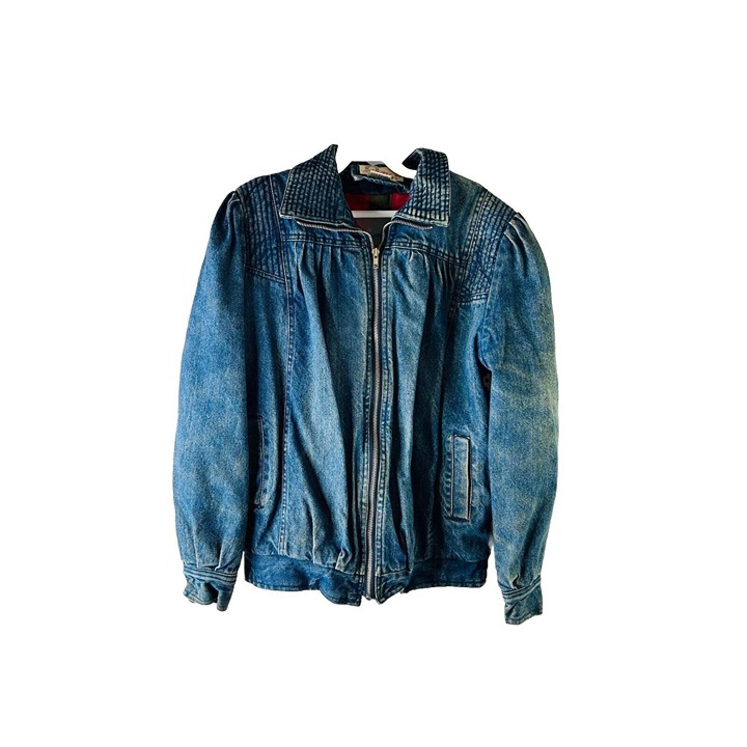 VTG 80s Womens Medium Blanket Lined Flannel Faded Puff Sleeve Zip Jean Jacket