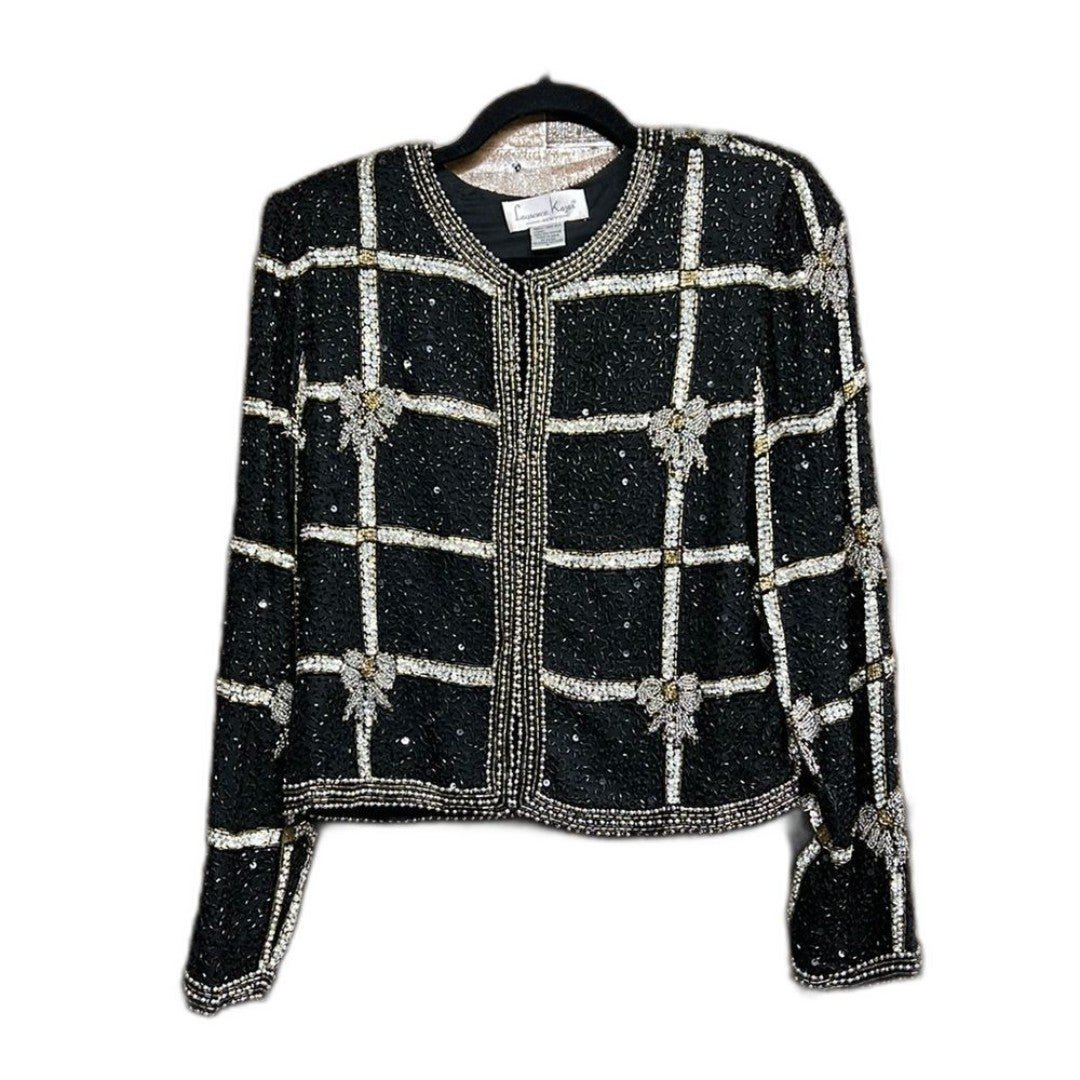 Vintage Lawrence Kazar Bow Beaded Sparkly Embellished Jacket Blazer Womens Large