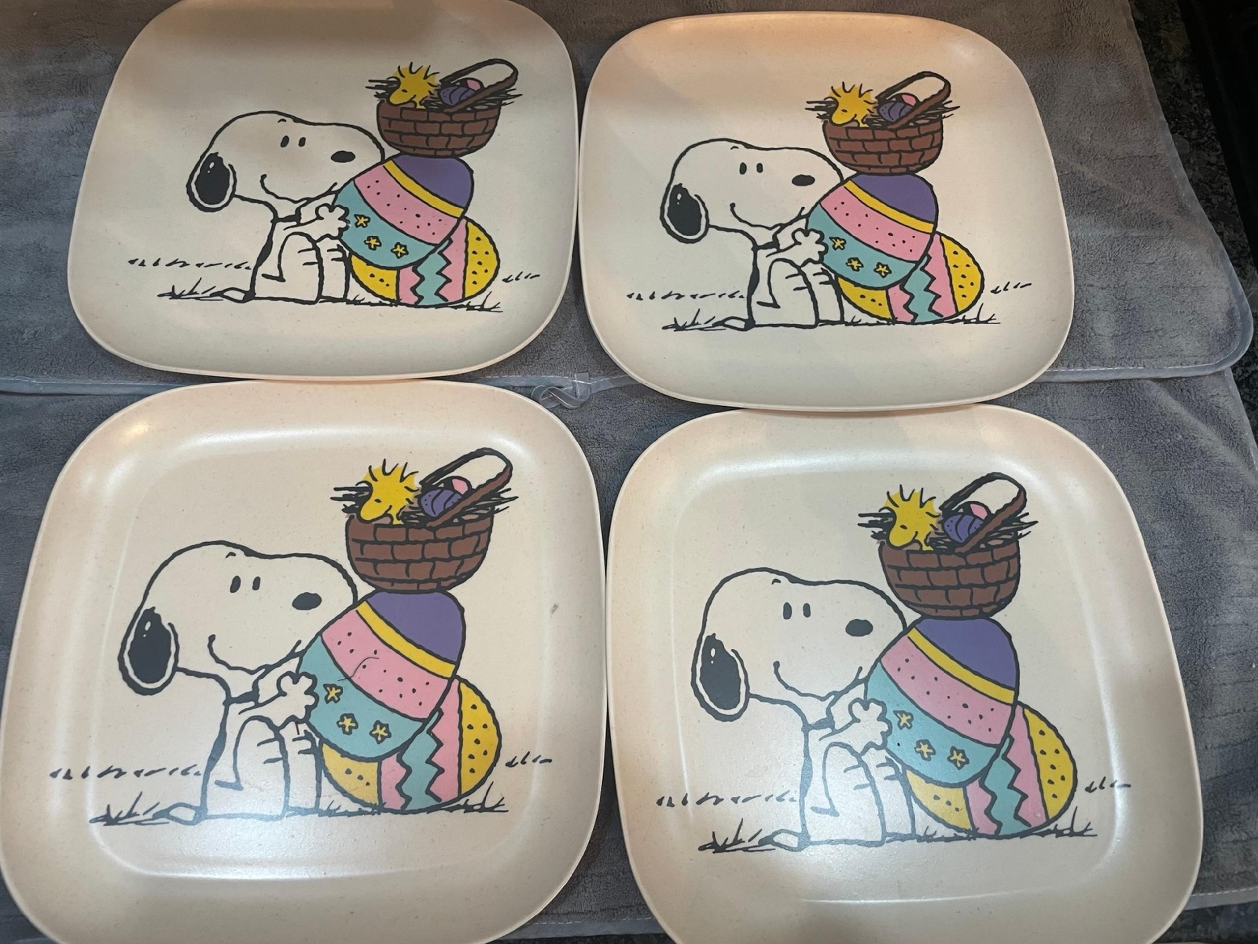 Peanuts Snoopy & Woodstock Square Easter Dinner Plates Set Of 4 Melmac