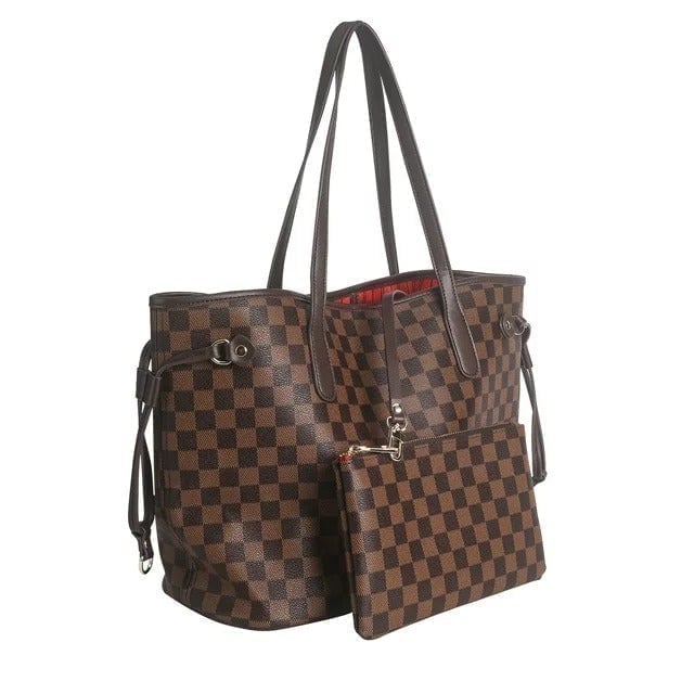GOWELL Satchel Purse Handbag Checkered Tote Shoulder Bag With Inner Pouch, Brown
