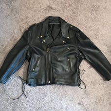 Vintage Black Leather LG-XL Biker Jacket with Side Ties & Brass Snaps!!