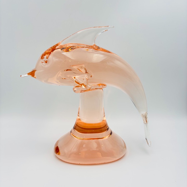Vintage Blown Art Glass Dolphin on Pedestal Figurine Sculpture Handblown Peach