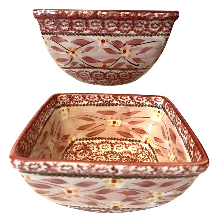 Temp-Tations Cranberry Old World Hand-Painted Square Serving Bowls Set VTG