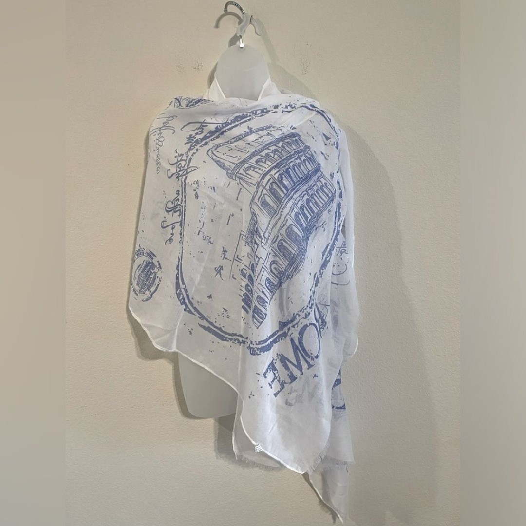 White Blue Cotton Italy With Love Novelty Print Lightweight Scarf