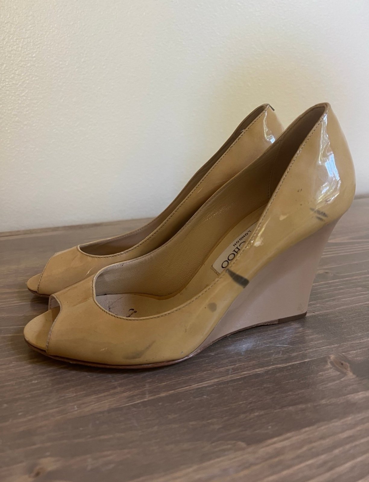 Jimmy Choo Womens 36.5 Nude Tan Patent Leather Peep Toe Wedge Shoes