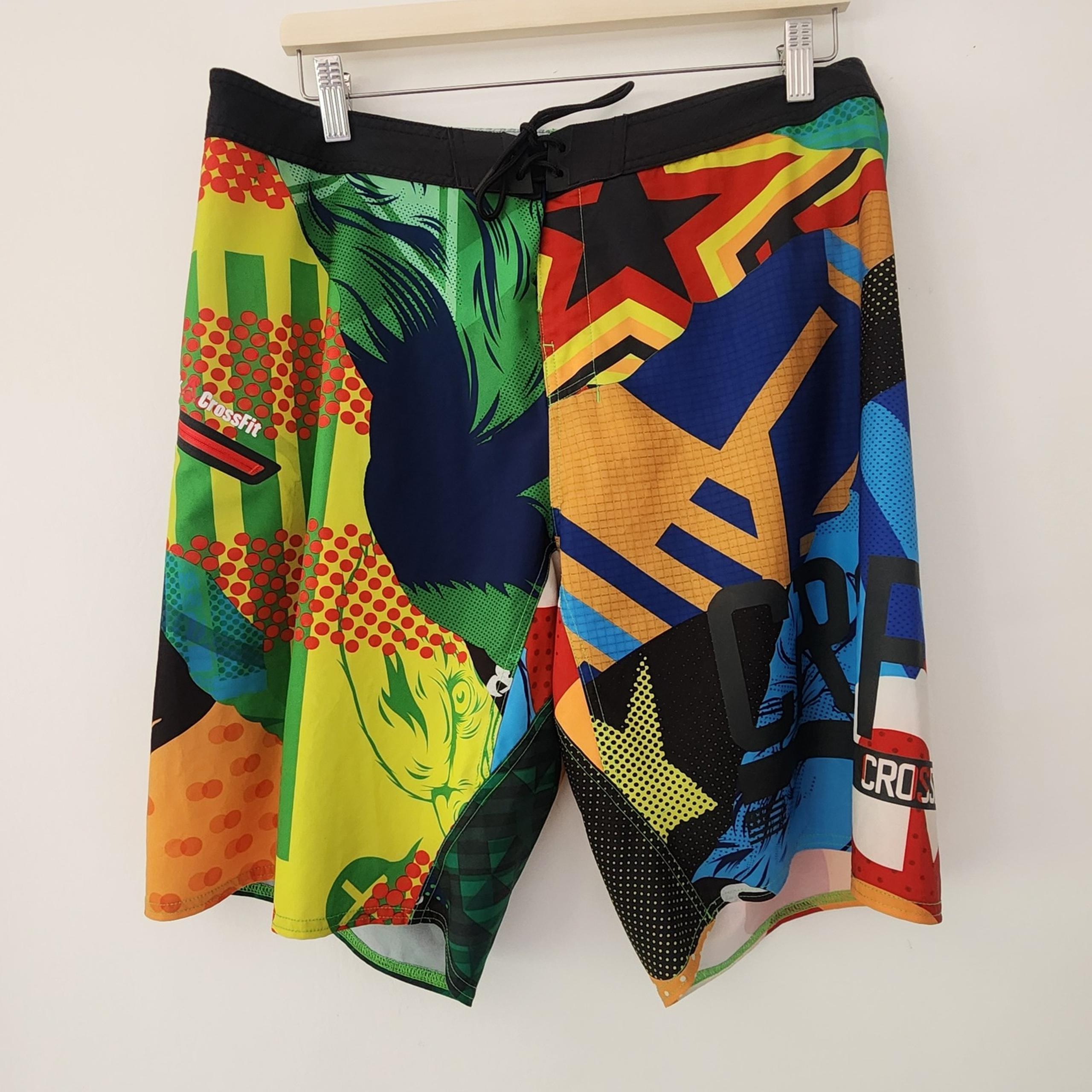 Reebok Crossfit multi color board shorts swim trunkt shorts tie mens size 34