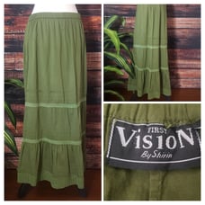 First Vision By Shirin Maxi Skirt Tiered Elastic Waist Vintage 90s Cotton Green
