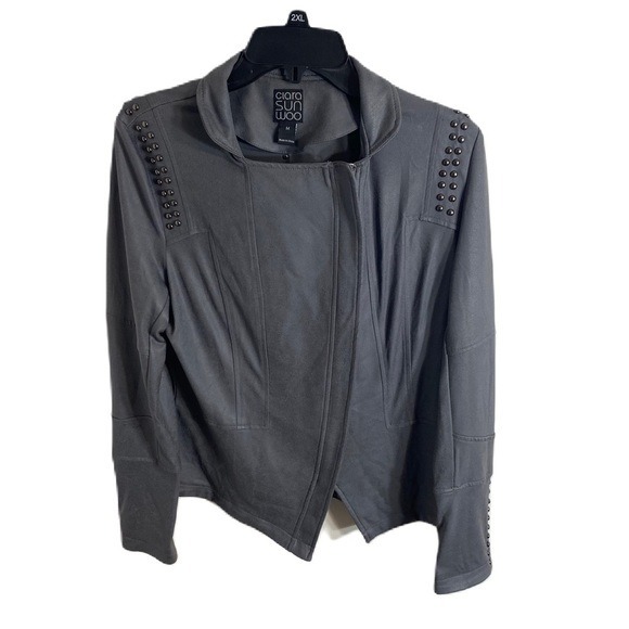 Clara Sun Woo Liquid Leather Studded Moto Jacket Medium Gray Asymmetrical Zipper