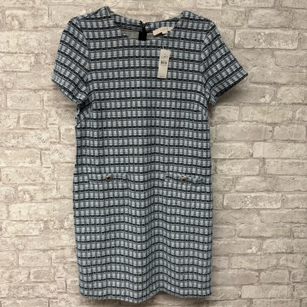 LOFT Tweed Button Trim Sheath Dress Women’s Size 2 NWT Blue Navy