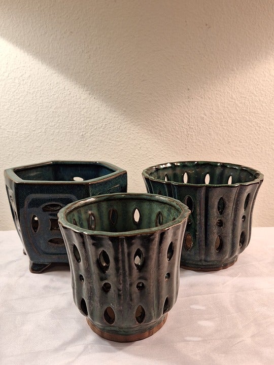 Set of Three Pottery Chinese Zisha (Purple Clay) Glazed Flower Pots / Planter