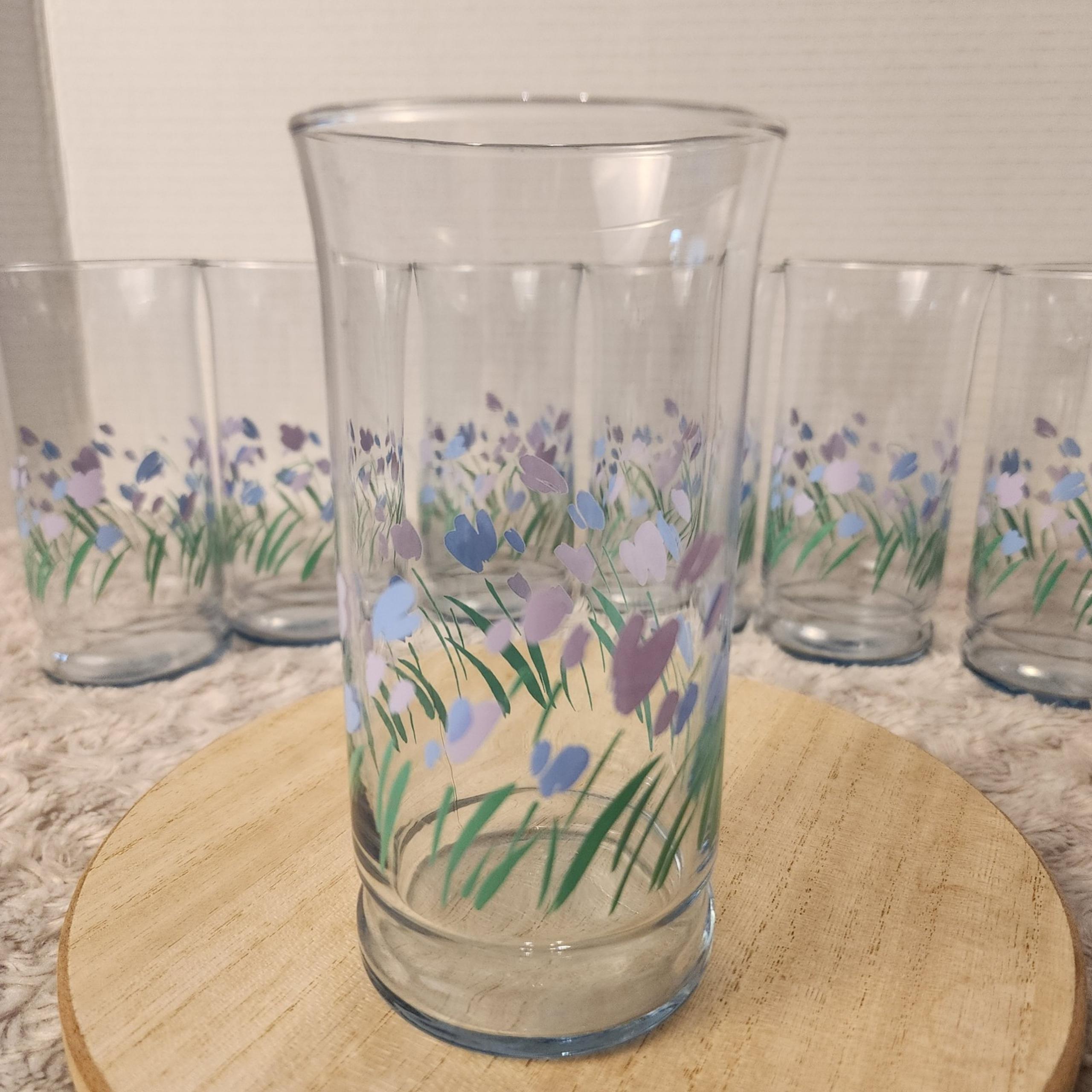 7 Libbey Tinted Springtime 16oz Drinking Glasses Purple & Blue Flowers Drinkware