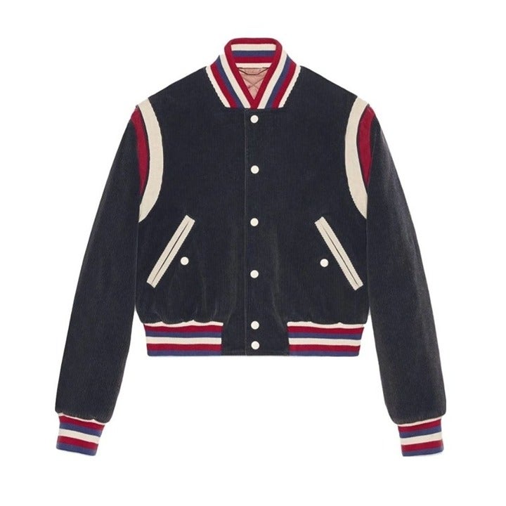 Gucci NWOT 2017 Small Women's Angry Cat Hollywood Blue Red White Bomber Jacket