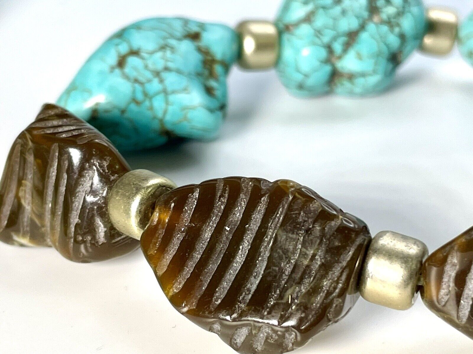 Carved Dark Amber Bakelite and Chunky Nugget Turquoise Bracelet 2.5 39 Gr.