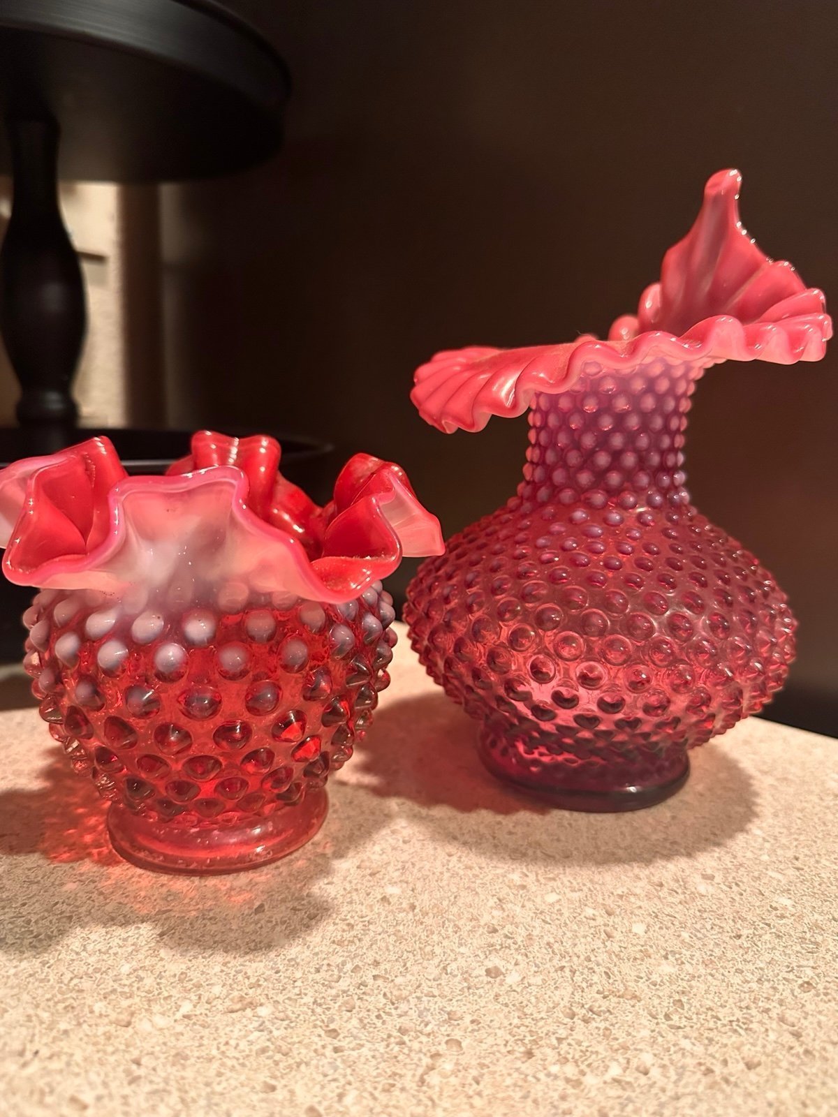 1940 Fenton Cranberry Glass Opalescent Hobnail Set