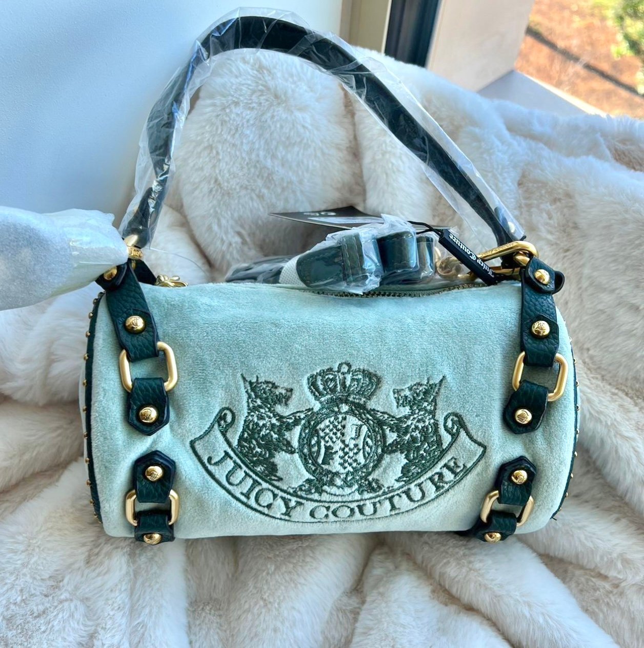 Juicy Couture teal green velour scottie dogs uk barrel bag