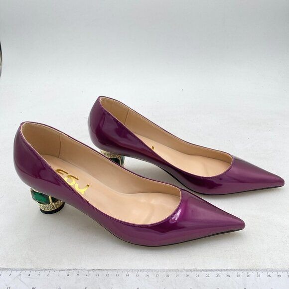 FSJ Purple Bridal Pointed Toe Chunky Low Heel Crystal Pump Wedding Heel Shoes