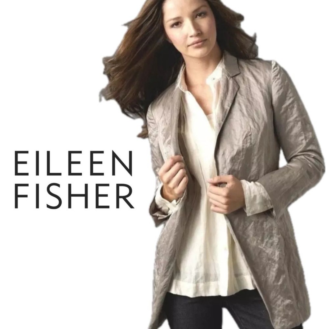 Eileen Fisher Satin Metallic Crinkle Blazer Notch 1 Button Champagne Jacket Sz L
