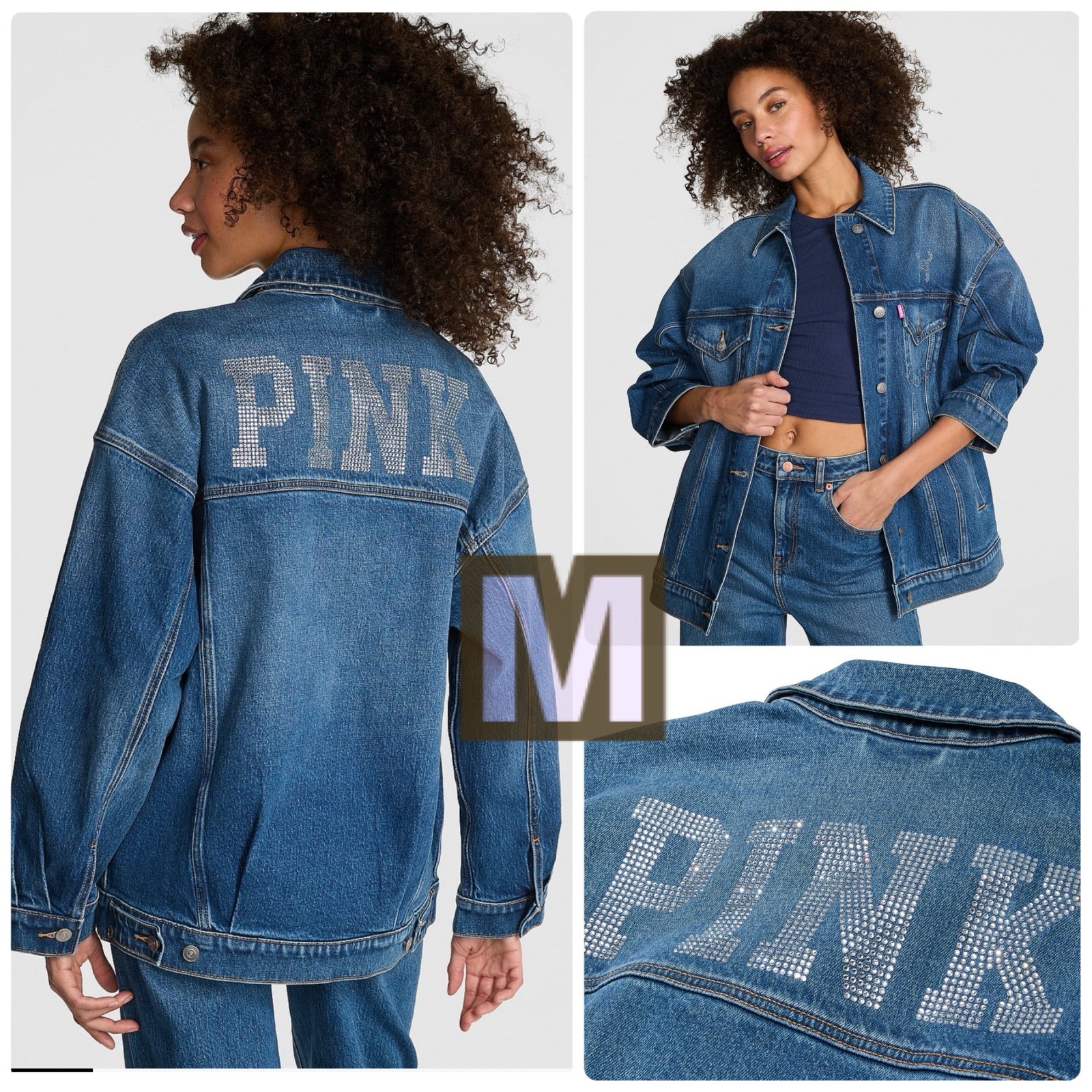 VS PINK Denim by PINK Oversized Trucker Jacket M Dog Logo Bling