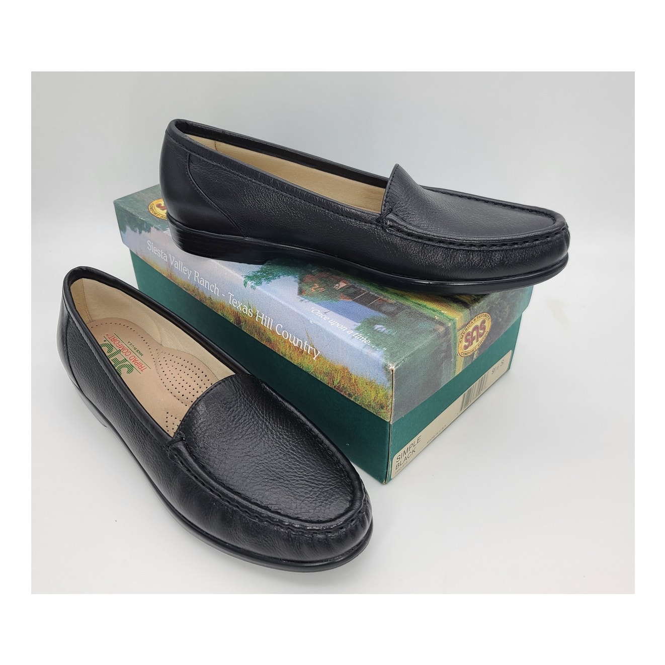 SAS Simplify Slip-On Leather Moccasin Loafer Black Tripad Comfort Size 9.5 S Box