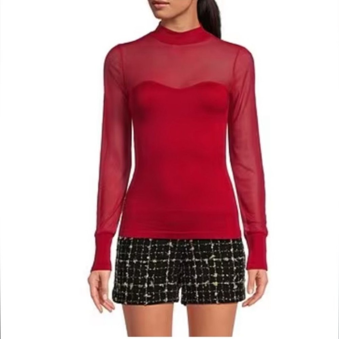 A Loves A Red Long Sleeve Sweetheart Mesh Long Sleeve Stretch Top Size Large