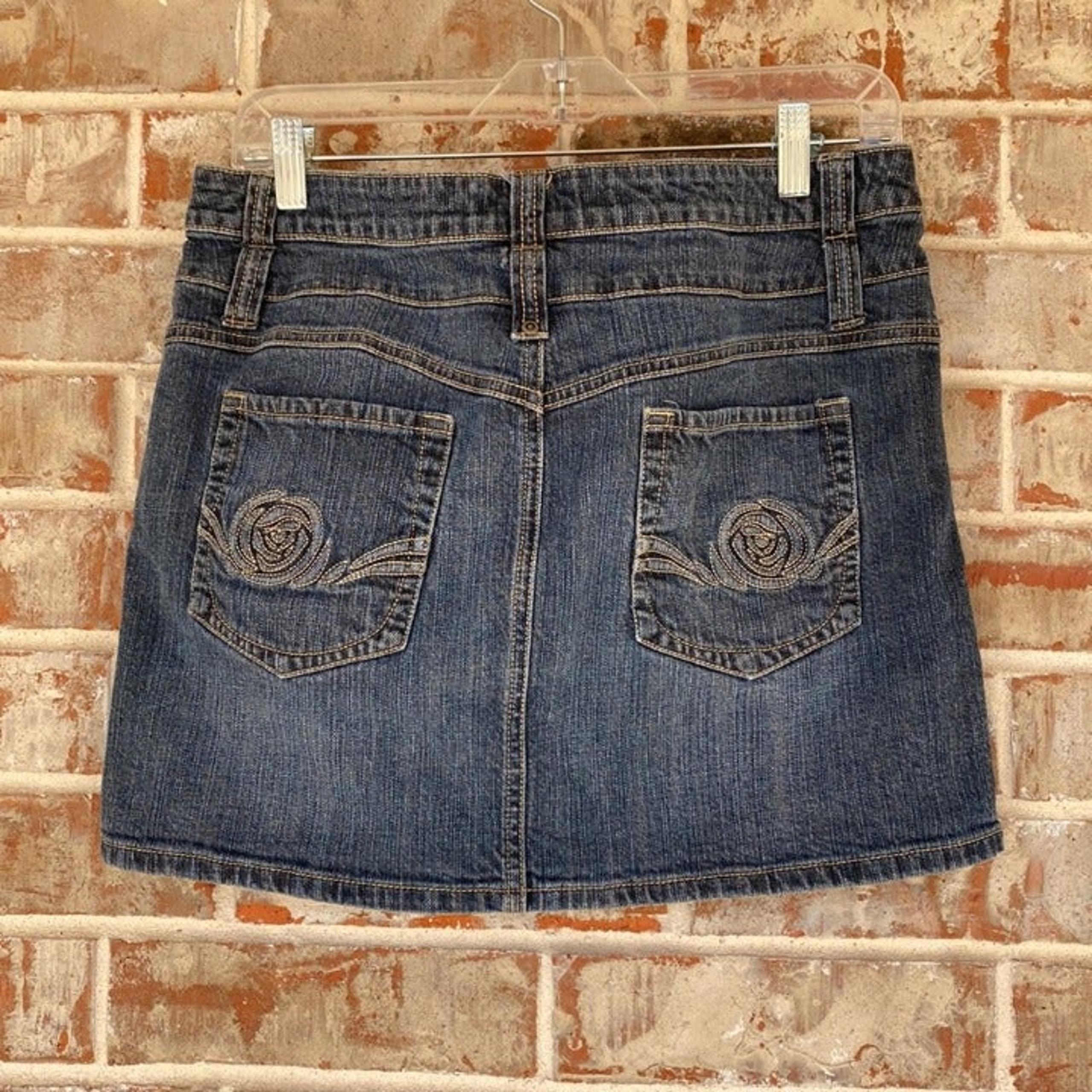Route 66 Embroidered Rose Denim Mini Skirt