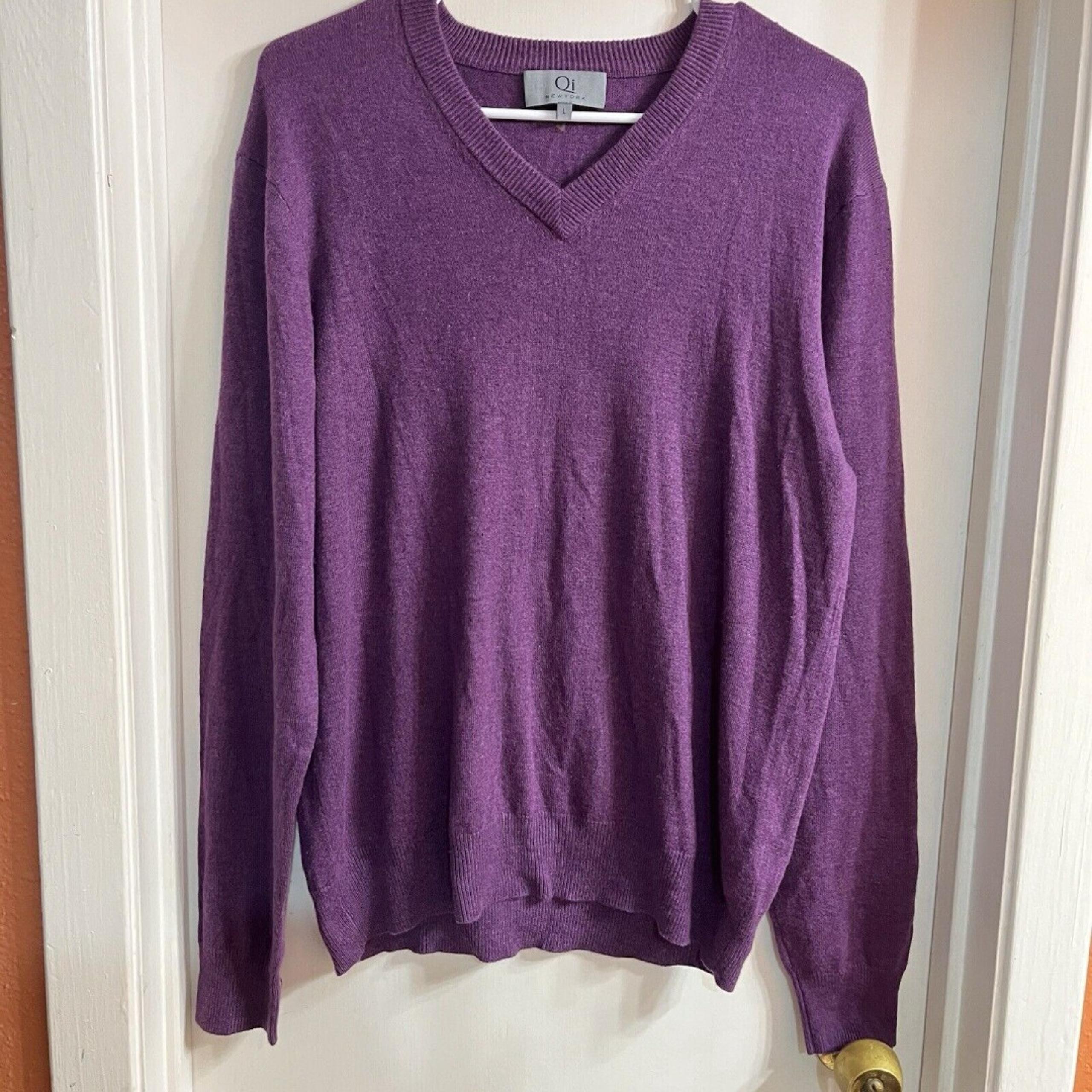 QI New York V-NECK SWEATER Men SIZE L Wool&CASHMERE Purple SOLID Lightweight