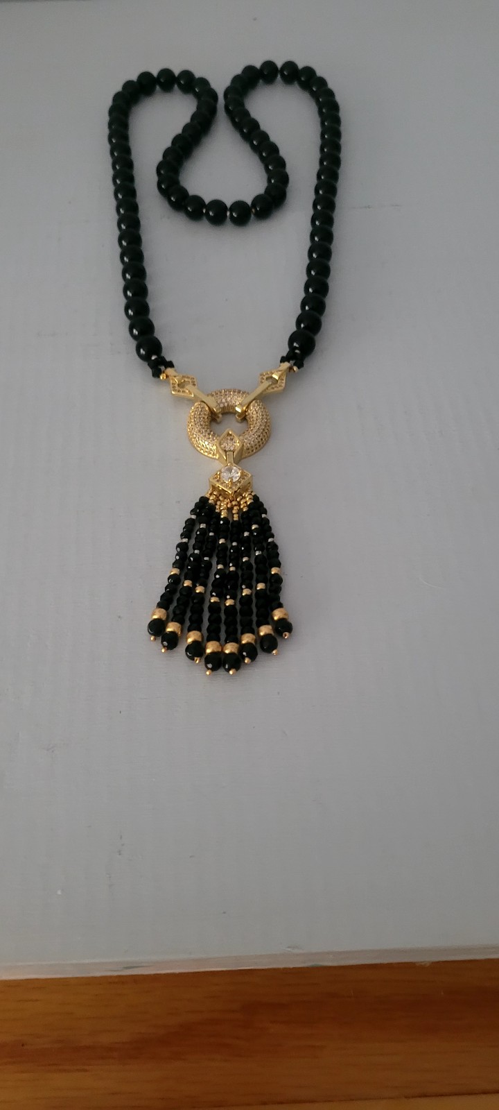 Black Onyx Beaded Necklace with Tassel