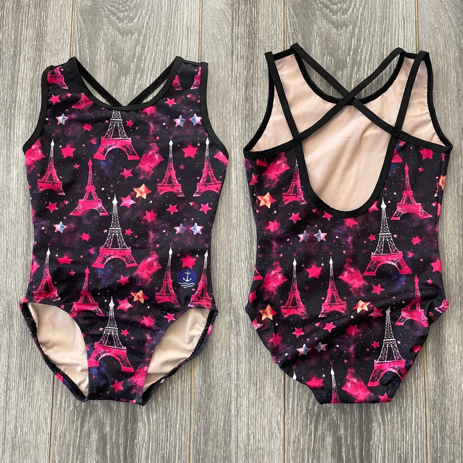 NWT Anchor Paris Eiffel Tower Strappy Back Black Pink Gymnastics Leotard CM 6-8