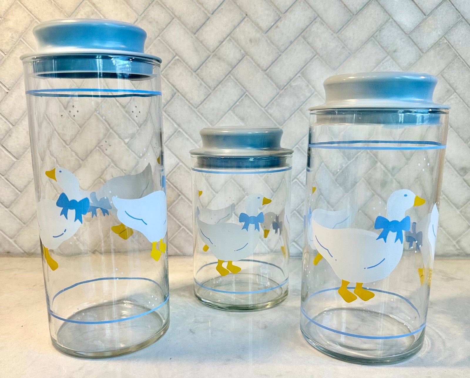 Libbey 3 Kitchen Glass Storage Canisters White Geese Country Blue Jars with Lids