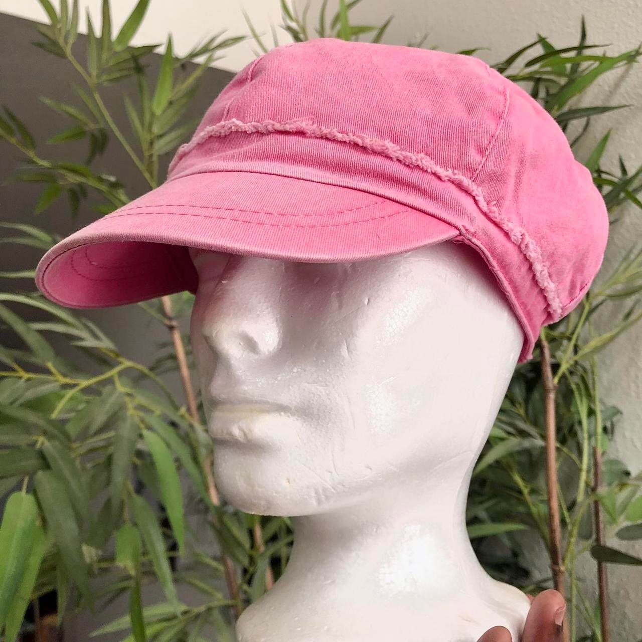 2000s Y2K Barbie Babydoll Pink denim newsboy baker boy beret hat cap frayed edge
