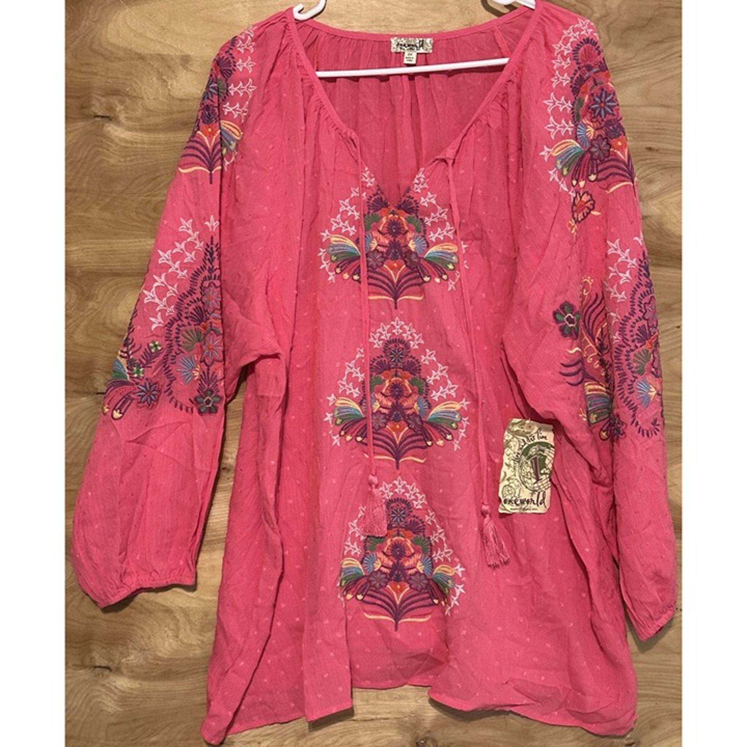 NWT 2X Embroidered Colorful Top Shirt Long Sleeve Boho - One World