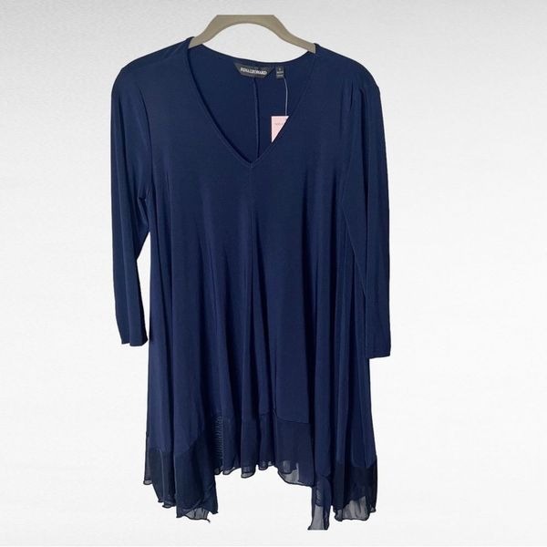 Nina Leonard Navy Blue Jersey V- neck Tunic Blouse with Chiffon Hem Size Small