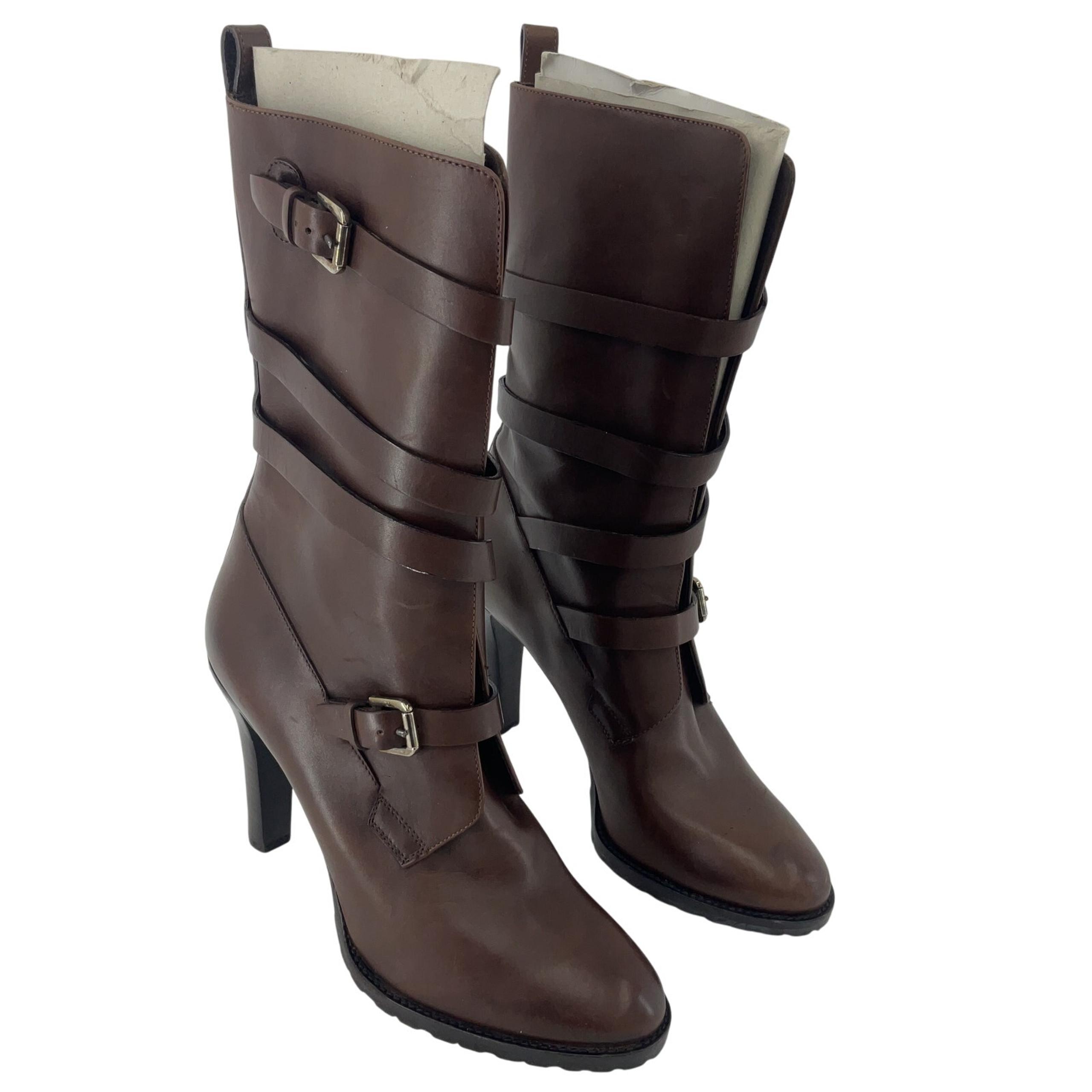 Ralph Lauren Brown Tall Leather Moto Heel Boots Women Size 9.5 Preowned