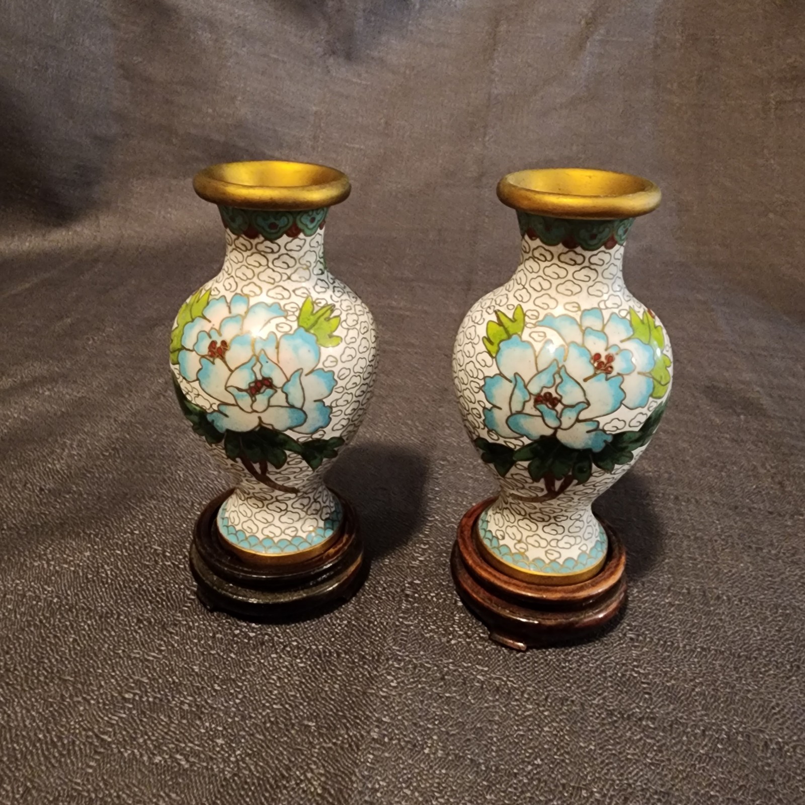 Vintage Jingfa Cloisonne Brass Vases, pair with stands.