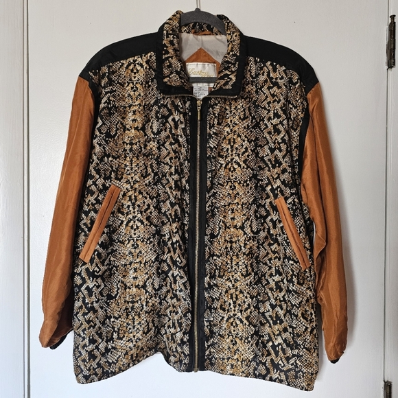 Vntg East West Silks snake print long-sleeve collared light zipper jacket Sz S