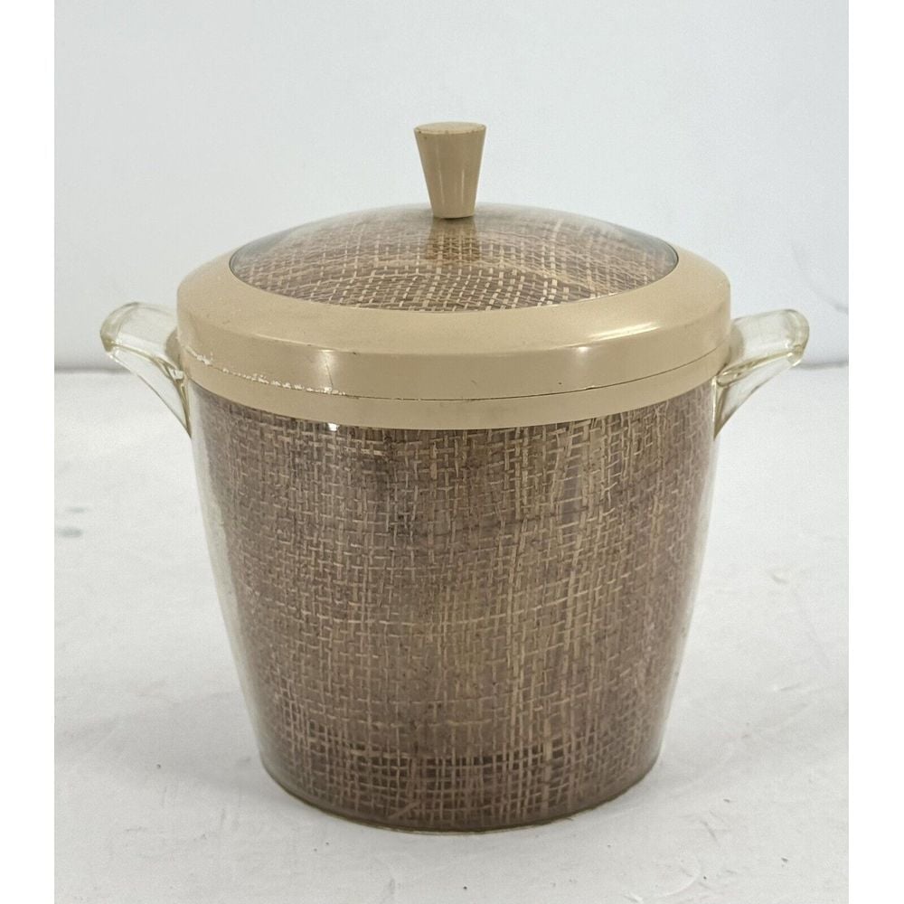 Vintage 1960's Raffia Ice Bucket, Double Walled Mid Modern Melmac