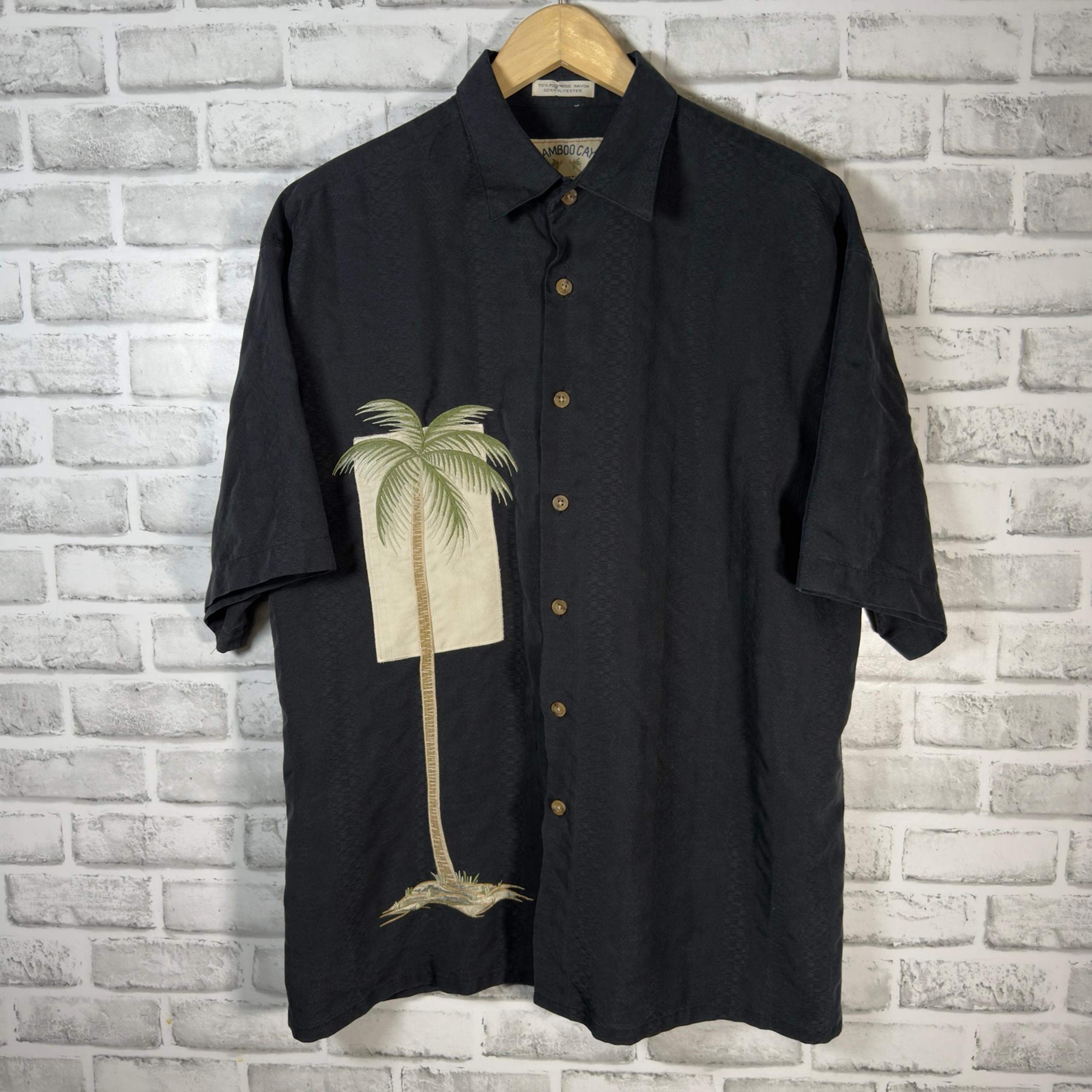 Bamboo Cay Black Embroidered Leaf Print Rayon Blend Hawaiian Shirt Mens Size L